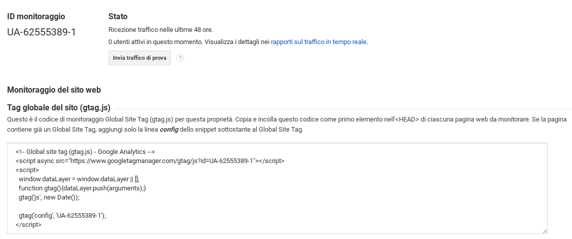 Codice tracciamento Google Analytics